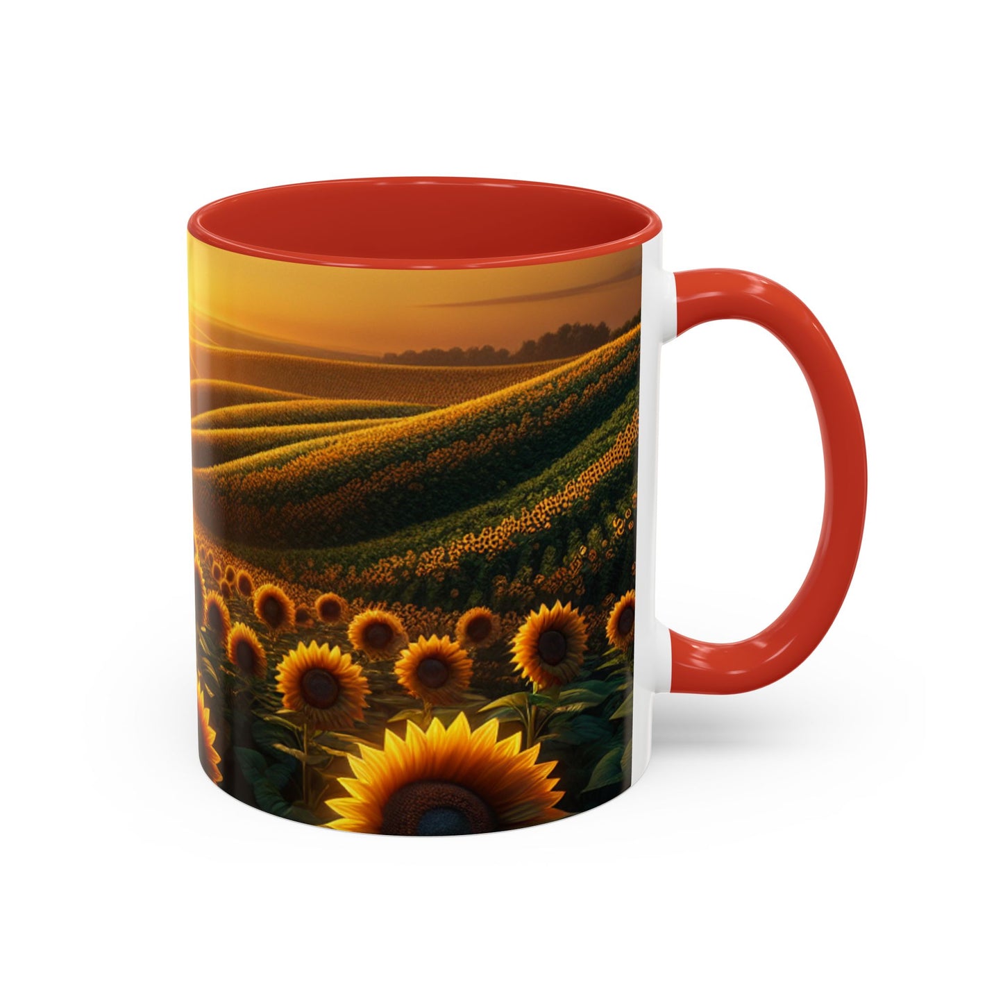 Golden Sunrise Amidst Sunflower Valleys - Mugs